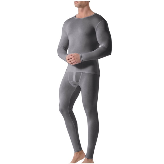LIBRCLO Mens Thermal Underwear Sets Stretchy Cold Weather Fitness Base Layer Long Johns Underwear Long Sleeve Round-Neck Fleece Solid Color Top and Bottom for Winter