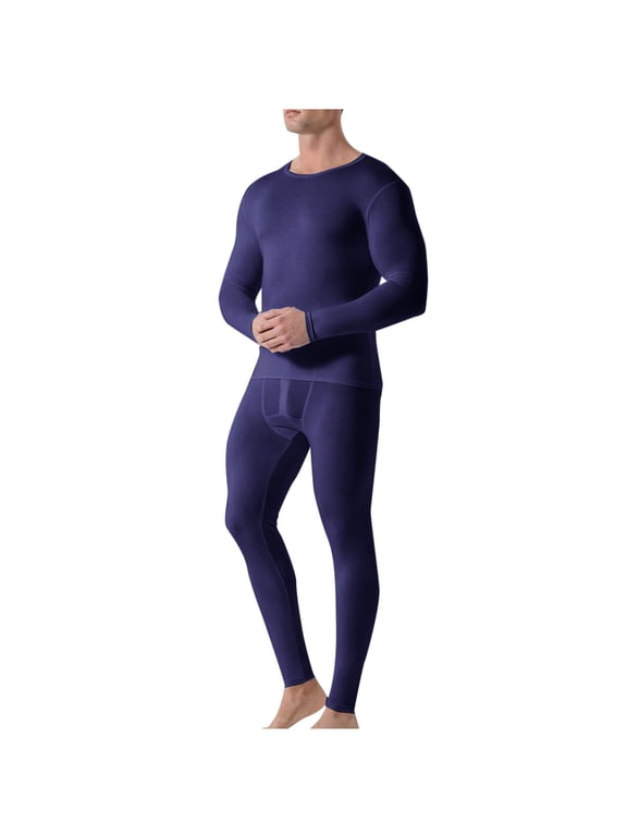 Mens Thermal Underwear Sets Stretchy Cold Weather Fitness Base Layer Long Johns Underwear Long Sleeve Round-Neck Fleece Solid Color Top and Bottom for Winter
