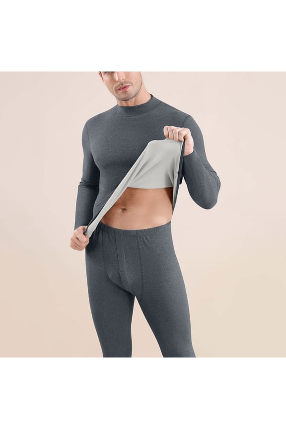 Mens Thermal Underwear Sets Winter Fitness Cold Weather Base Layer Long Johns Underwear Round-Neck Solid Color Fleece Stretchy Long Sleeve Top and Bottom