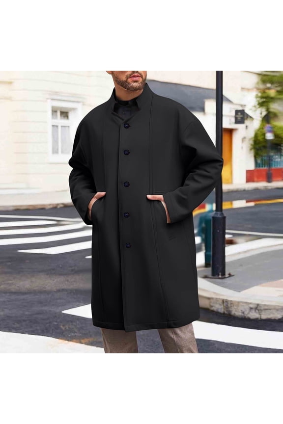 Mens Woolen Coat British Style Mid-Length Overcoat with Stand Collar Loose Fit Breasted Trench Coat