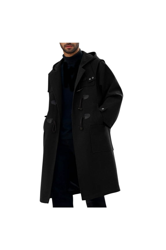 Mens Woolen Hooded Coat Mid-Length Trench Coat with Horn Toggle Buttons Casual Long Sleeve Overcoat