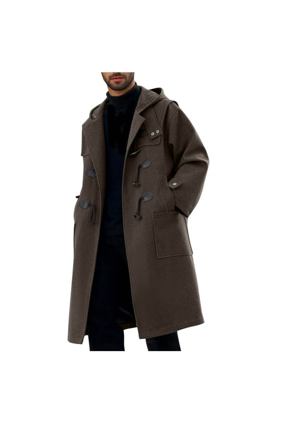 Mens Woolen Hooded Coat Mid-Length Trench Coat with Horn Toggle Buttons Casual Long Sleeve Overcoat