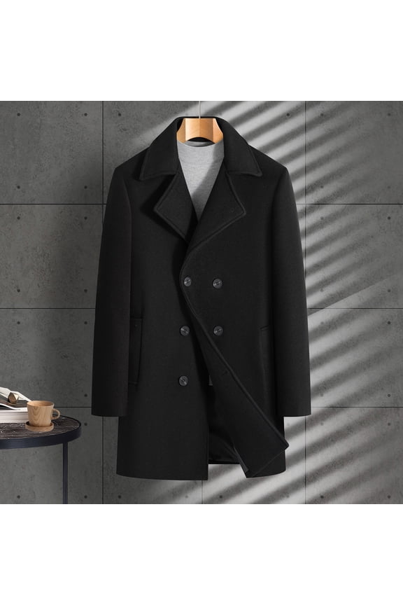 Mens Woolen Overcoat Jacket Classic Mid-Length Coat with Turndown Collar, Timeless Versatile Double Breasted Long Jacket