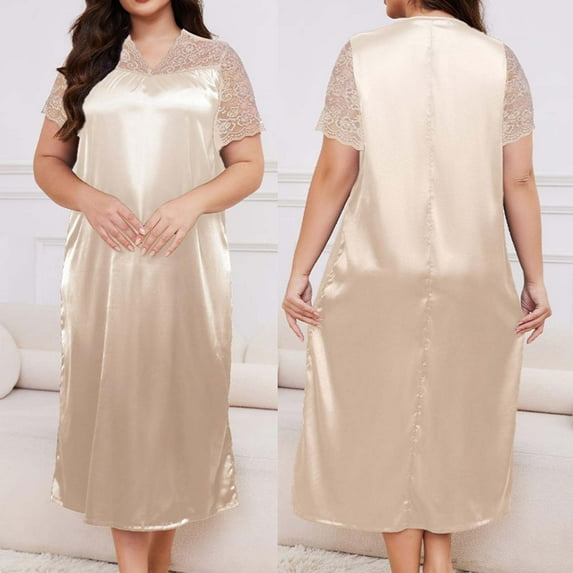 LIBRCLO Nightgowns for Women Plus Size Lace Short Sleeves V Neck Pajamas Spring And Summer Homewear Sleepshirts