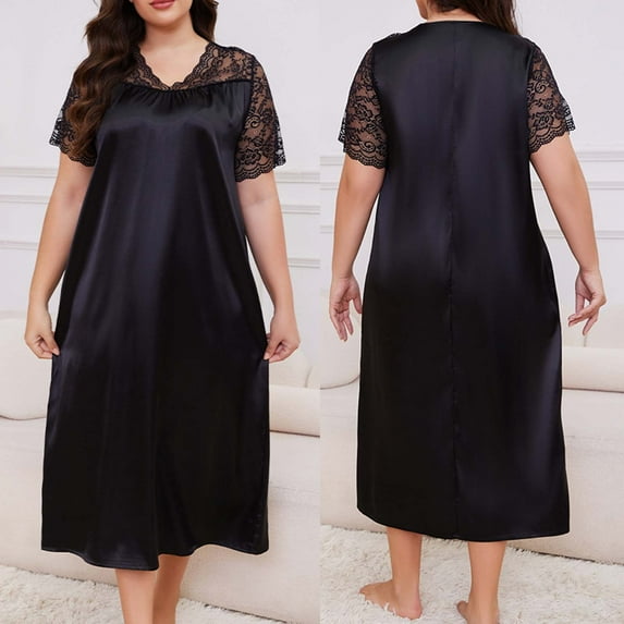 LIBRCLO Nightgowns for Women Plus Size Lace Short Sleeves V Neck Pajamas Spring And Summer Homewear Sleepshirts