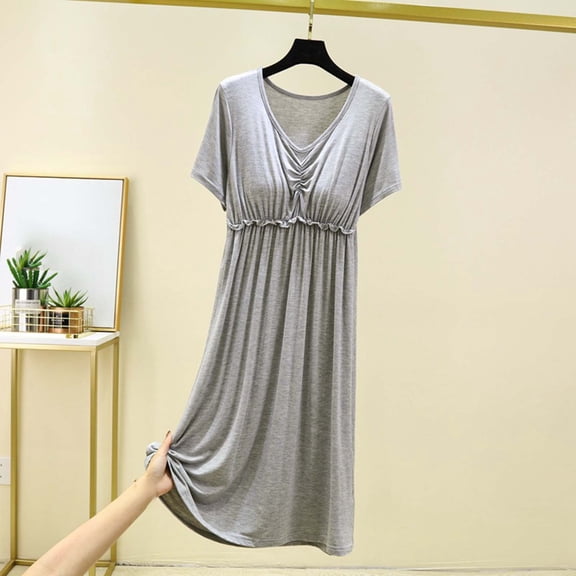 LIBRCLO Nightgowns for Women Short Sleeve V-Neck Solid Color Pajamas with Bra Loose Bathrobe Home Wear Sleepshirts