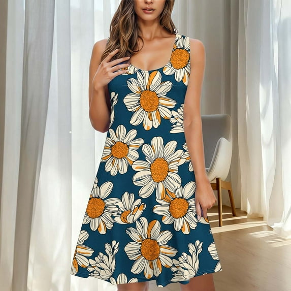 LIBRCLO Nightgowns for Women Sleeveless Crew Neck Print Pajamas Comfy Soft Knee Length Sleepshirts