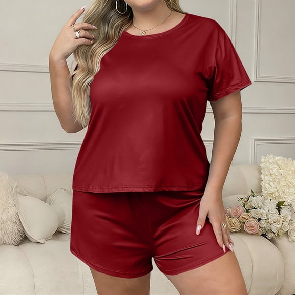 LIBRCLO Pajama Sets for Women Plus Size Fashion Solid Color Crew Neck Short Sleeved Tops And Shorts Casual Home Suit Set