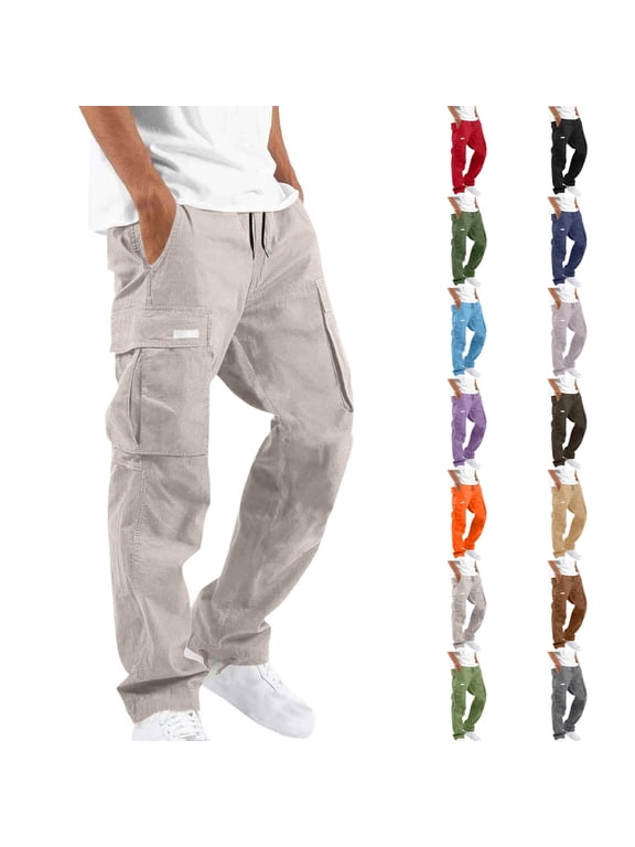Cargo Pants for Men Elastic Waist Drawstring Straight Leg Trousers Casual Utility Outdoor Hiking Work Pants with Multiple Pockets Gray L