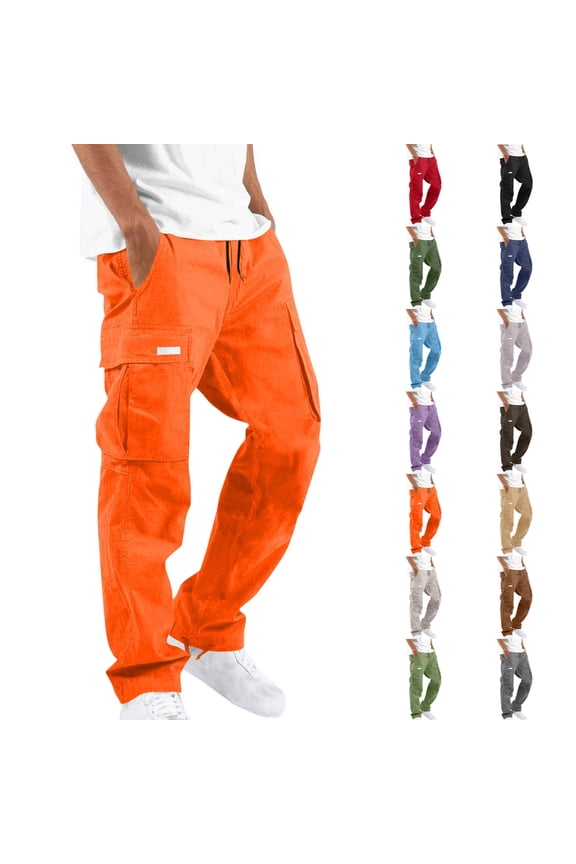 Cargo Pants for Men Elastic Waist Drawstring Straight Leg Trousers Casual Utility Outdoor Hiking Work Pants with Multiple Pockets Orange M