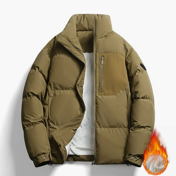 LIBRCLO Puffer Jacket for Men Windproof Stand Collar Long Sleeve Fashion Thick Comfort Winter Coat with Pockets Warm Zipper Solid Color Outdoor Outerwear