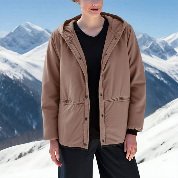 LIBRCLO Puffer Jackets for Women Thick Button Short Comfy Solid Color Winter Coats with Hood Round Neck Long Sleeve Outdoor Fashion Jackets with Pockets