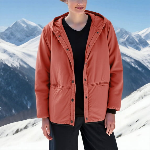 LIBRCLO Puffer Jackets for Women Thick Button Short Comfy Solid Color Winter Coats with Hood Round Neck Long Sleeve Outdoor Fashion Jackets with Pockets