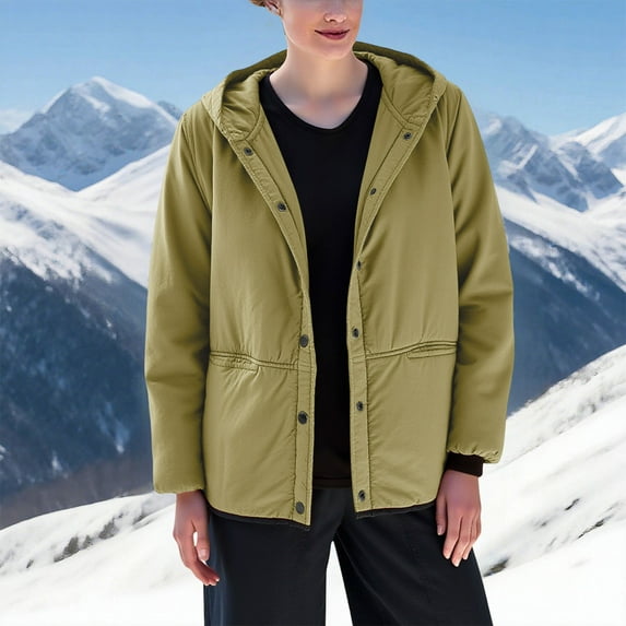 LIBRCLO Puffer Jackets for Women Thick Button Short Comfy Solid Color Winter Coats with Hood Round Neck Long Sleeve Outdoor Fashion Jackets with Pockets