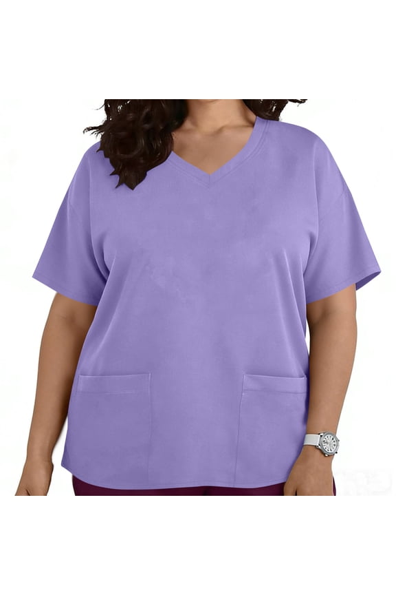 Scrub Tops for Women Plus Size V-Neck Short Sleeves Fashion Pullover with Pockets Care Worker Uniform T-Shirts