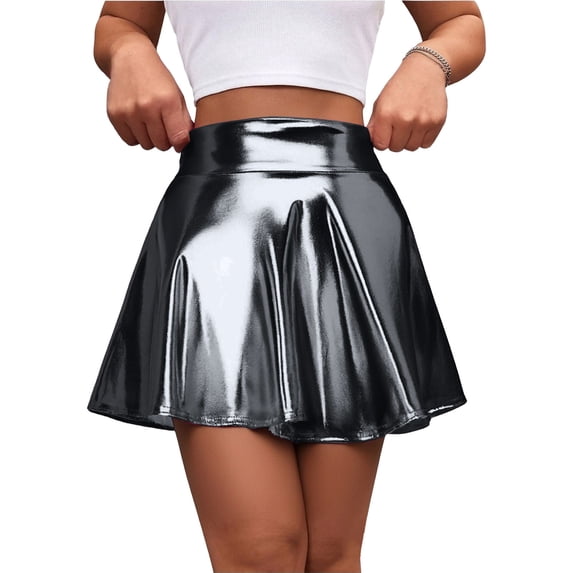 LIBRCLO Short Skirts for Women Shiny Metallic Look Stretchy Flared Mini Skirt A-Line Party Clothes
