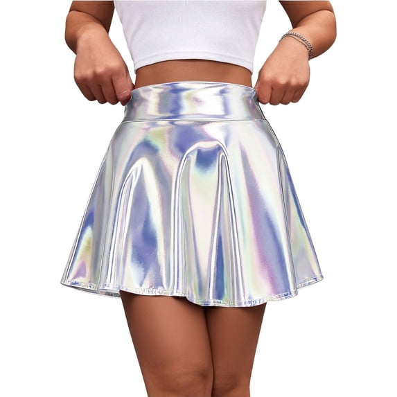LIBRCLO Short Skirts for Women Shiny Metallic Look Stretchy Flared Mini Skirt A-Line Party Clothes