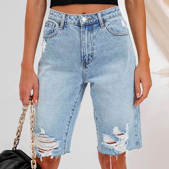 LIBRCLO Jeans for Women Broken Ripped Denim Half Shorts with Pockets High Waisted Fashion Shorts