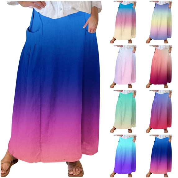 LIBRCLO Skirts for Women Maxi Length Gradient Printed Elastic Waistband Pleated Skirts with Pocket Summer Casual Clothes