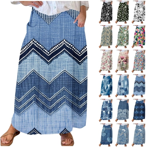 LIBRCLO Skirts for Women Maxi Length Printed Elastic Waistband Pleated Skirts with Pocket Summer Casual Clothes