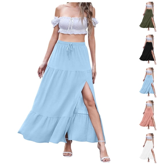 LIBRCLO Skirts for Women Maxi Length Ruffled Side-Slit Skirt Summer Solid Color Beach Clothes