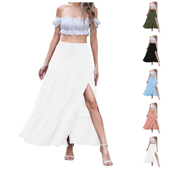 LIBRCLO Skirts for Women Maxi Length Ruffled Side-Slit Skirt Summer Solid Color Beach Clothes