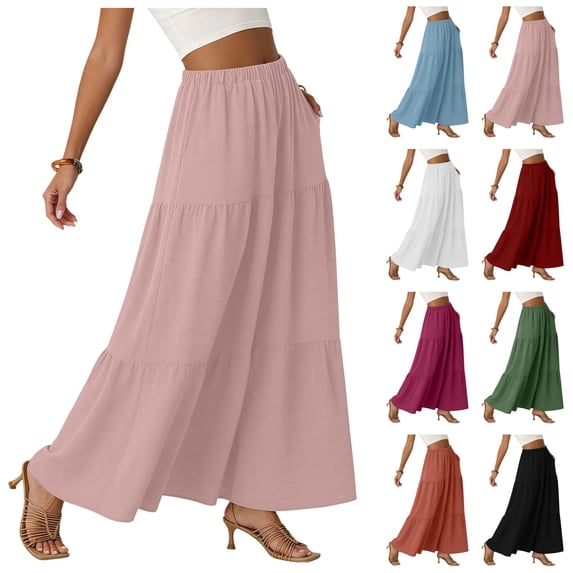 LIBRCLO Skirts for Women Maxi Length Summer Solid Color Skirts with Pocket High Waist Elegant Pleated