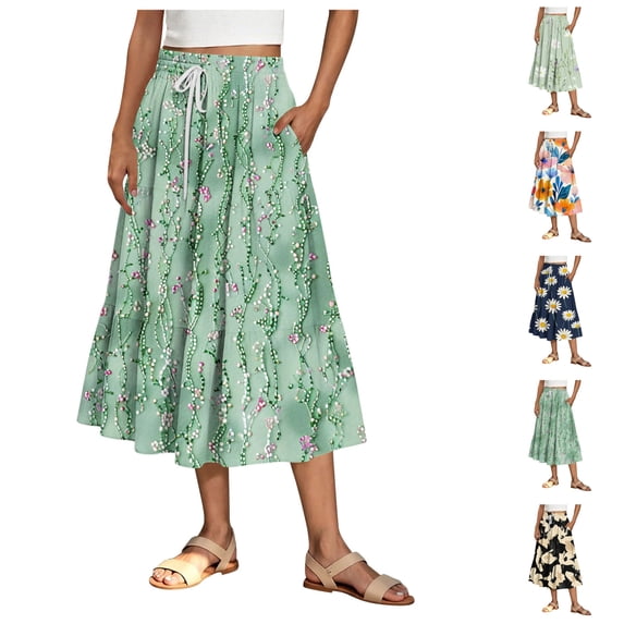 LIBRCLO Skirts for Women Midi Length A-Line Flowy Summer Skirts with Pockets Elastic Waist Drawstring