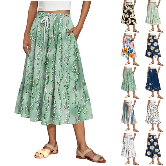 LIBRCLO Womens Skirts A-Line Flowy Midi Length Skirts with Pockets Elastic Waist Drawstring
