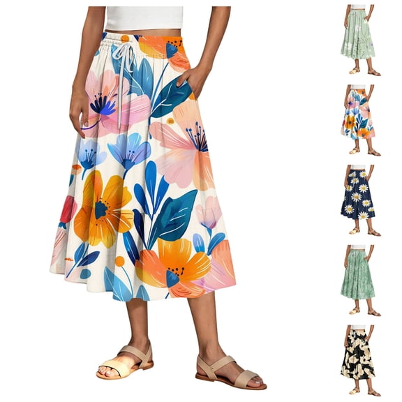 LIBRCLO Skirts for Women Midi Length A-Line Flowy Summer Skirts with Pockets Elastic Waist Drawstring