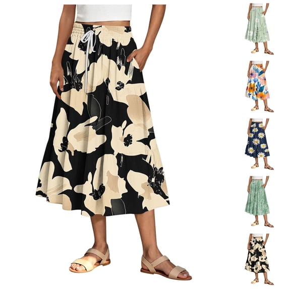 LIBRCLO Skirts for Women Midi Length A-Line Flowy Summer Skirts with Pockets Elastic Waist Drawstring