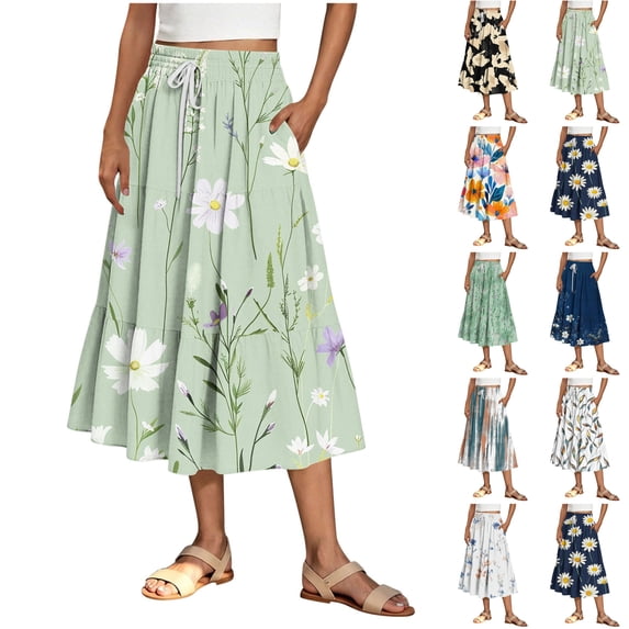 LIBRCLO Womens Skirts A-Line Flowy Midi Length Skirts with Pockets Elastic Waist Drawstring