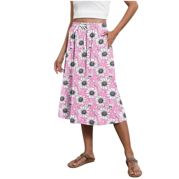 LIBRCLO Skirts for Women Midi Length Gradient Printed Summer Casual Skirts with Drawstring Side Pockets