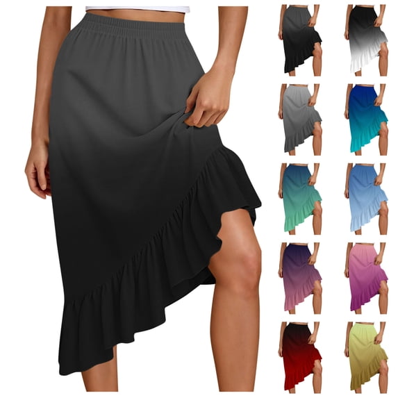 LIBRCLO Skirts for Women Midi Length Ruffle Hem Asymmetrical Gradient Skirts Fashion Elastic Waist Drawstring Ladies Clothes