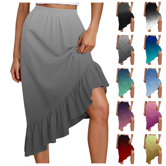 LIBRCLO Skirts for Women Midi Length Ruffle Hem Asymmetrical Gradient Skirts Fashion Elastic Waist Drawstring Ladies Clothes