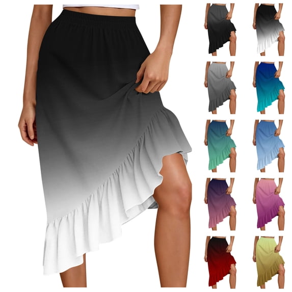 LIBRCLO Skirts for Women Midi Length Ruffle Hem Asymmetrical Gradient Skirts Fashion Elastic Waist Drawstring Ladies Clothes
