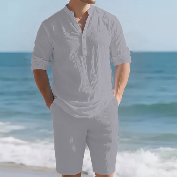LIBRCLO Sweatsuits for Men Set 2 Piece Liner Outfits Set Long Sleeve Henley Shirts & Shorts Set Summer Beach Clothing Sets with Pockets Gray S