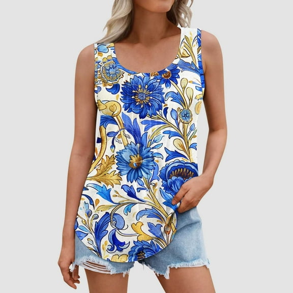 LIBRCLO Tank Tops for Women Crew Neck Summer Printed Shirts Sleeveless Casual Summer Tee Tank Tops