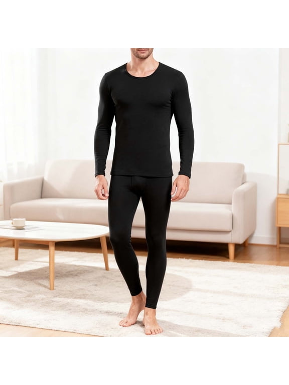 Thermal Underwear Sets for Men Crew Neck Long Sleeve Base Layer Long Johns Underwear Warm Lined High Elasticity Solid Color Top and Bottom for Winter