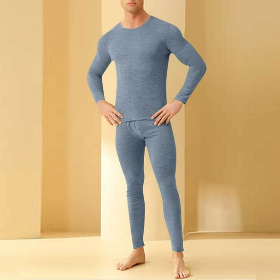 LIBRCLO Thermal Underwear Sets for Men Long Sleeve Comfort Warm Fleece Base Layer Long Johns Underwear High Elasticity Round-Neck Solid Color Top and Bottom for Winter