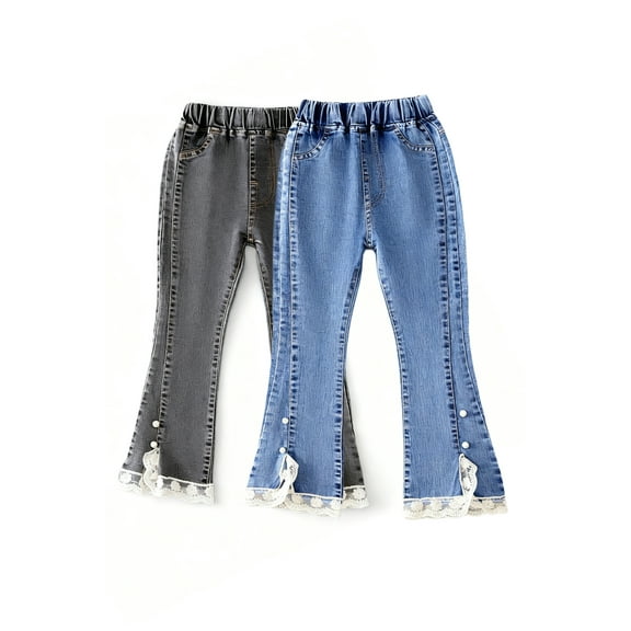 LIBRCLO Girls Jeans Elastic Waist Flare-Leg Denim Pants with Pockets Slim-Straight Lace Jeans for Toddler Clothes Size 3 Years