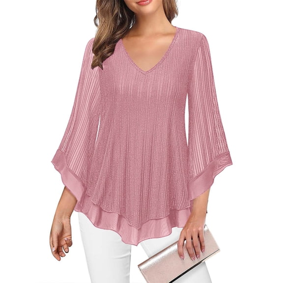 LIBRCLO Tops for Women 3/4 Sleeve Fashion V-Neck Breathable Lightweisht Pullover Ruffled Mesh Gold-foiled Solid Color Loose Spring Fall Shirts