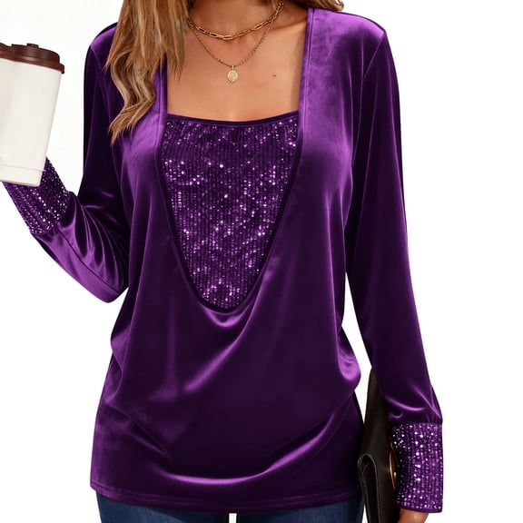 LIBRCLO Tops for Women Party Long Sleeved Square Neck Pullover Fashion Loose Sequins Solid Color Shirts