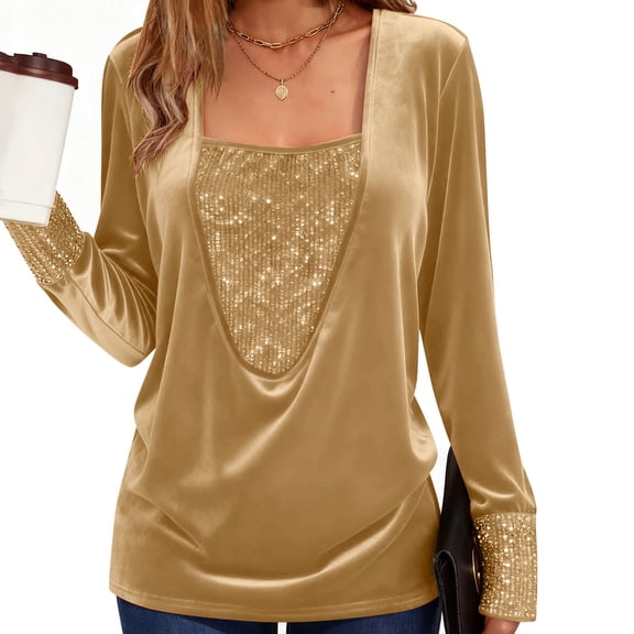 LIBRCLO Tops for Women Party Long Sleeved Square Neck Pullover Fashion Loose Sequins Solid Color Shirts