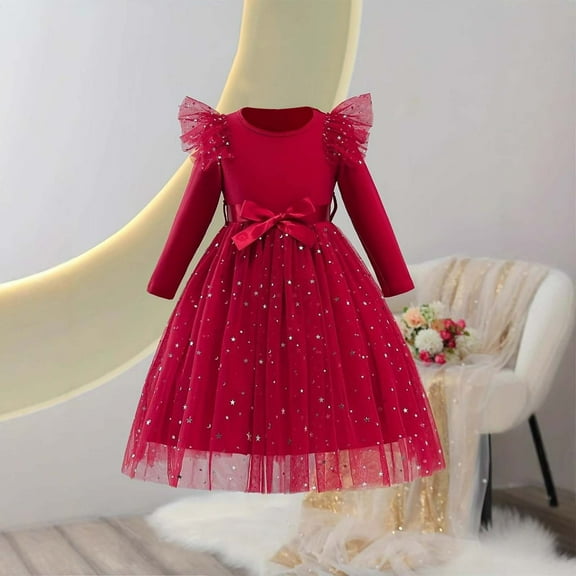 LIBRCLO Tulle Dress for Girls Bowknot Round-Neck Long Sleeve Tutu Dresses Glitter Solid Color Sequin Dress for Toddler
