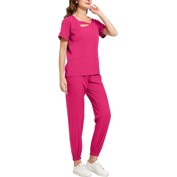 LIBRCLO Uniform Medical for Women Round Neck Top and Pants Set Short Sleeve Elastic Waist Cuffed Pants with pockets Casual Workwear Uniform