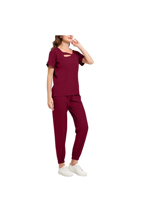Uniform Medical for Women Round Neck Top and Pants Set Short Sleeve Elastic Waist Cuffed Pants with pockets Casual Workwear Uniform
