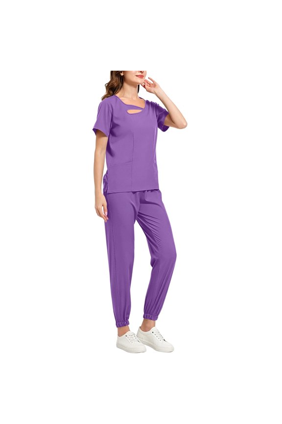 Uniform Medical for Women Round Neck Top and Pants Set Short Sleeve Elastic Waist Cuffed Pants with pockets Casual Workwear Uniform