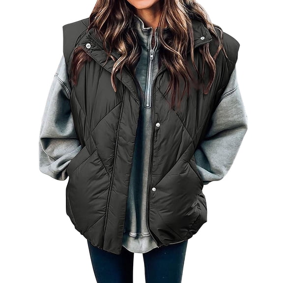 LIBRCLO Vest for Women Puff Sleeveless Quilted Jacket Stand Collar Zipper Coat Warm Outerwear with Pockets