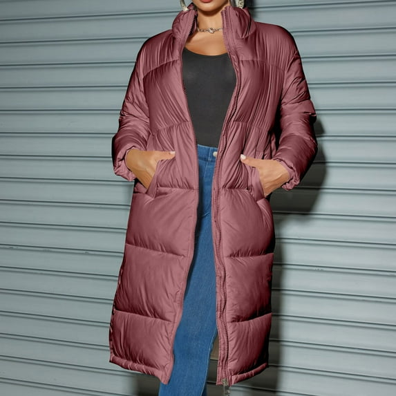 LIBRCLO Winter Coats for Women Long Sleeve Soft Solid Color Zip up Puffer Jackets Warm Crew Neck Long Casual Fitness Jackets with Pockets